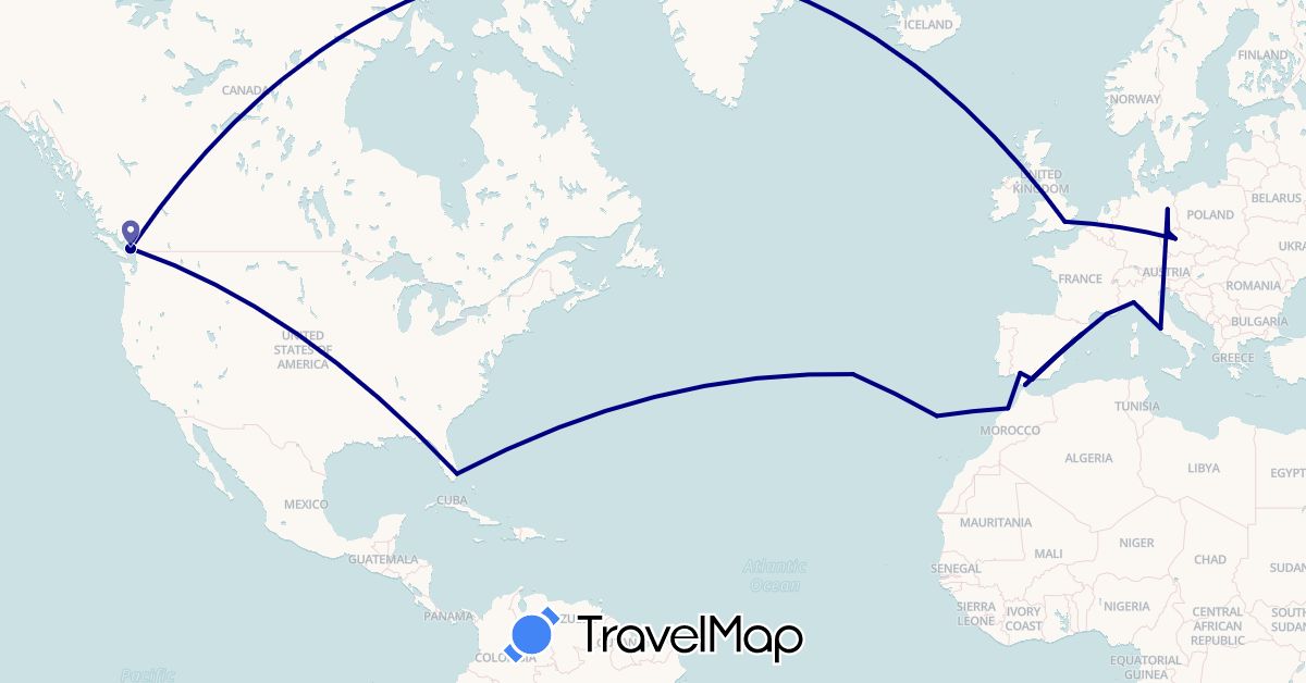 TravelMap itinerary: driving in Canada, Czech Republic, Germany, Spain, France, United Kingdom, Gibraltar, Italy, Morocco, Portugal, United States (Africa, Europe, North America)